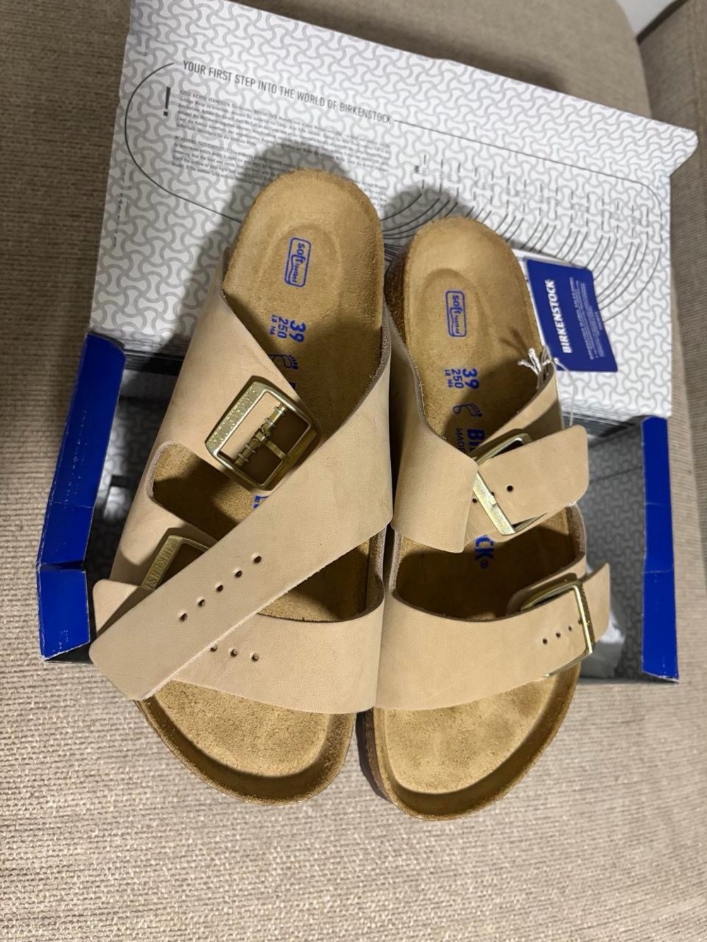 Birkenstock Women’s Nude Cross-Strap Arizona Sandals with Gold Buckles